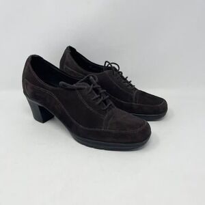 Clarks Bendables Lace Up‎ Oxford Wms 10M Dark Brown Suede 2.5" Heel CottageCore
